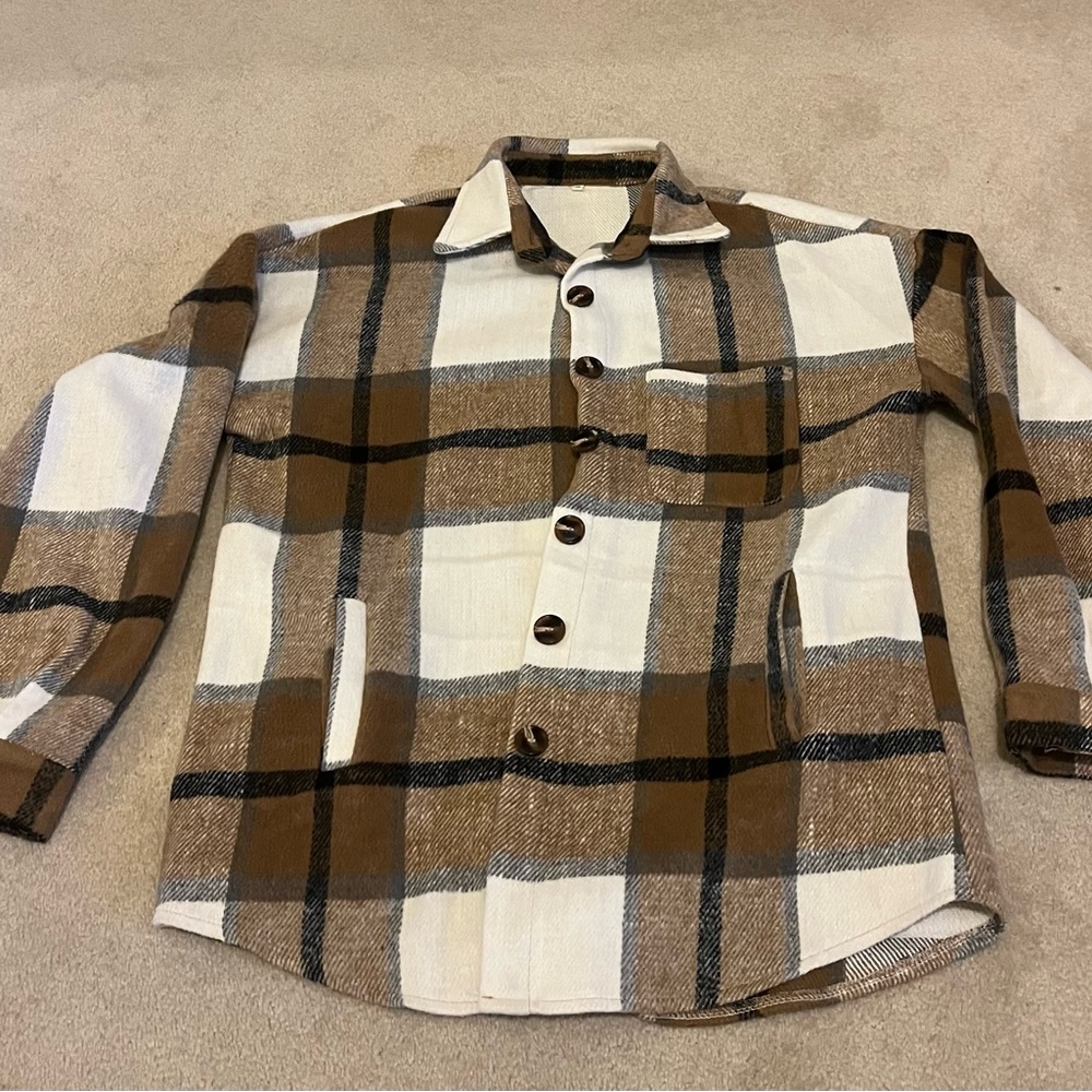 Plaid Button Down Shacket - Brown and White